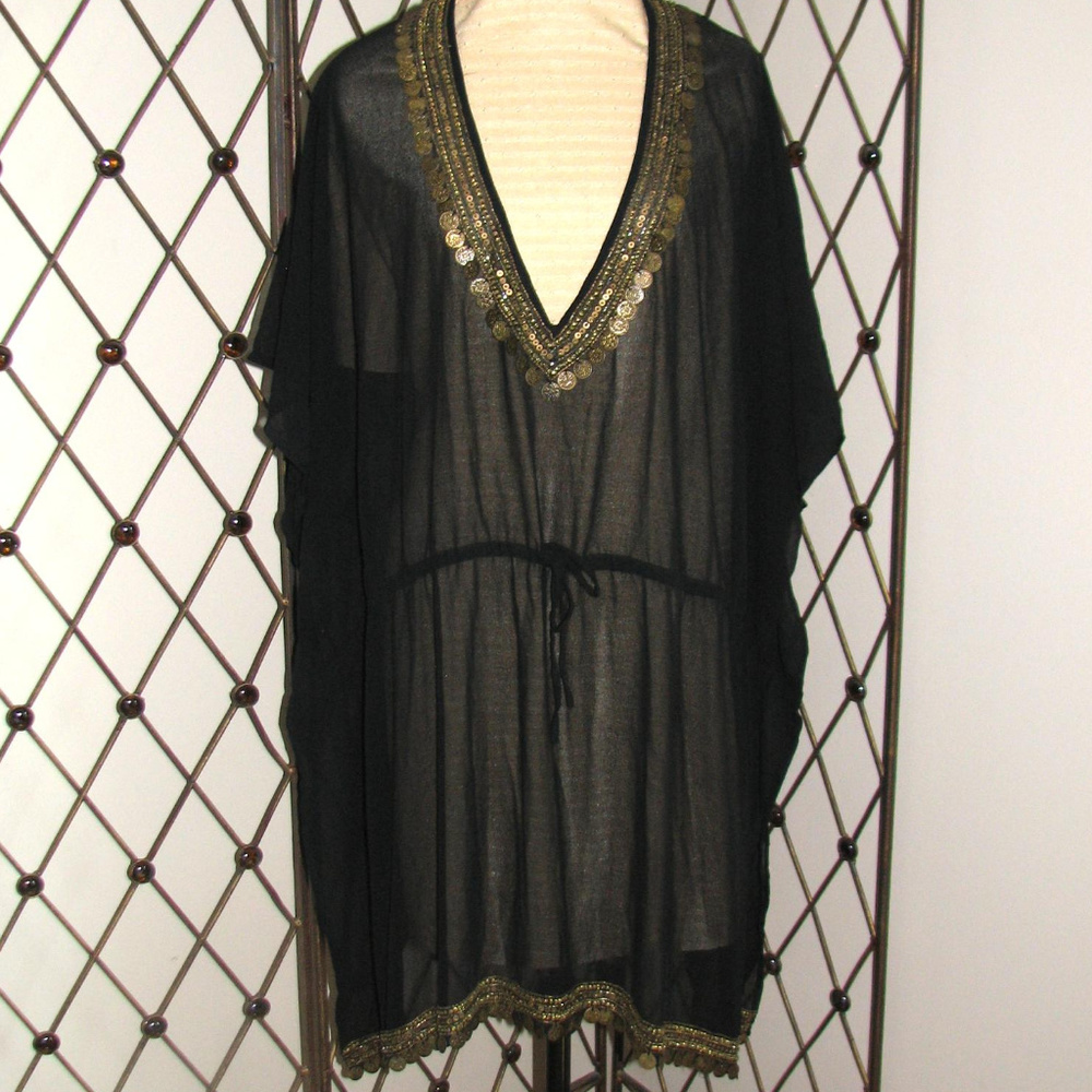 SOAKED black bead sequin coin coverup NWOT 2X